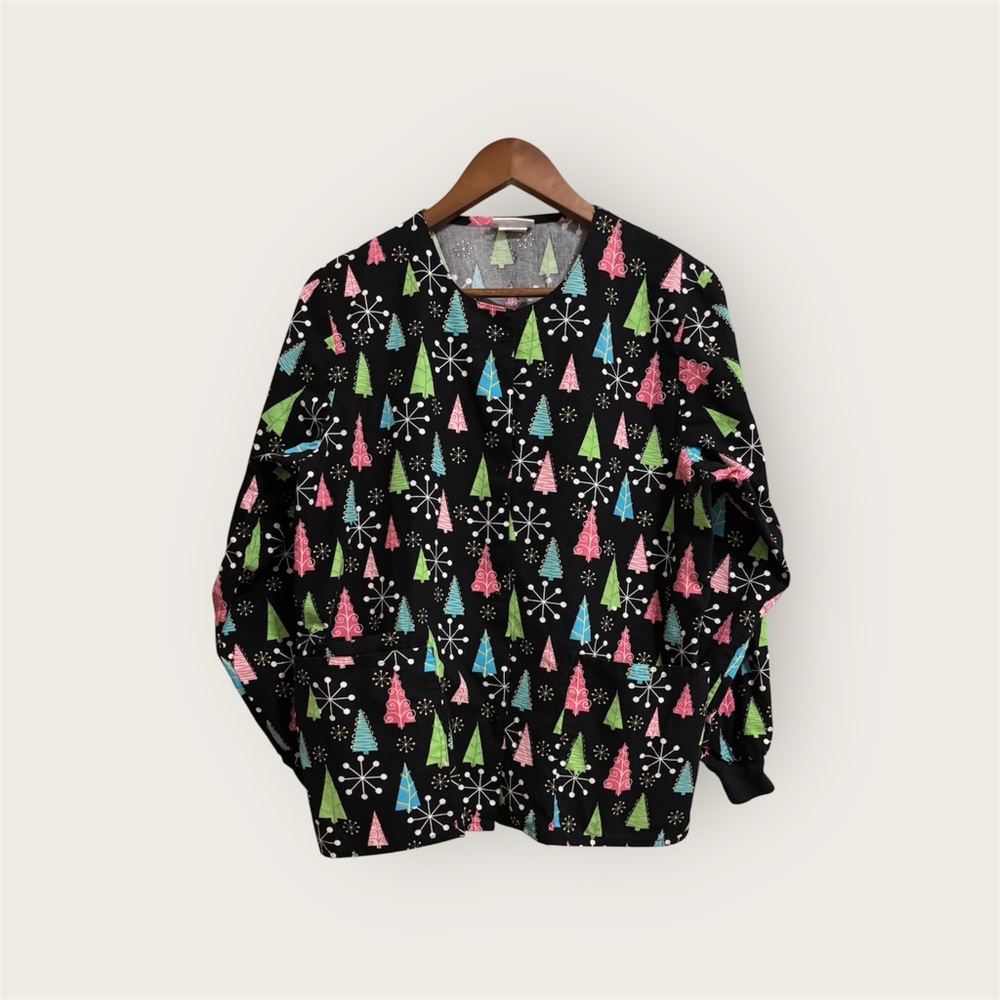 Festive Tree and Snowflake Button Down Scrub Top